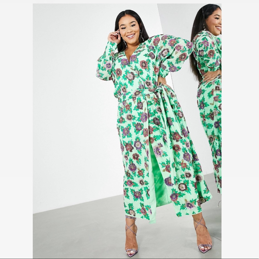 Asos Edition curve sequin wrap midi dress in green floral